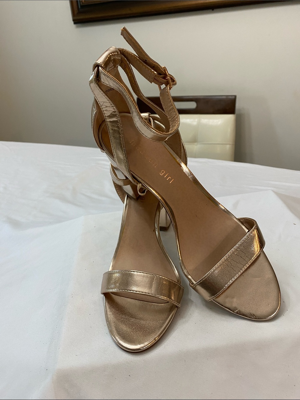 Madden Girl Metallic Gold Strappy Ankle‑Strap Heels